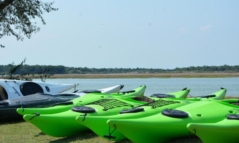Kayak colorati sulla riva di un lago tranquillo.